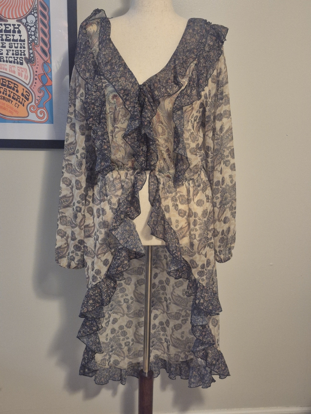 Sheer Paisley Ruffle Duster Maxi Top Cottagecore Prairie Romantic XL Anthro